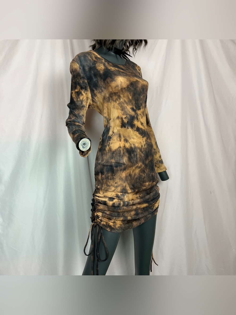 Brown / Grey / Tan Tie Dye Ribbed Knit Maxi Mini Bodycon Dress